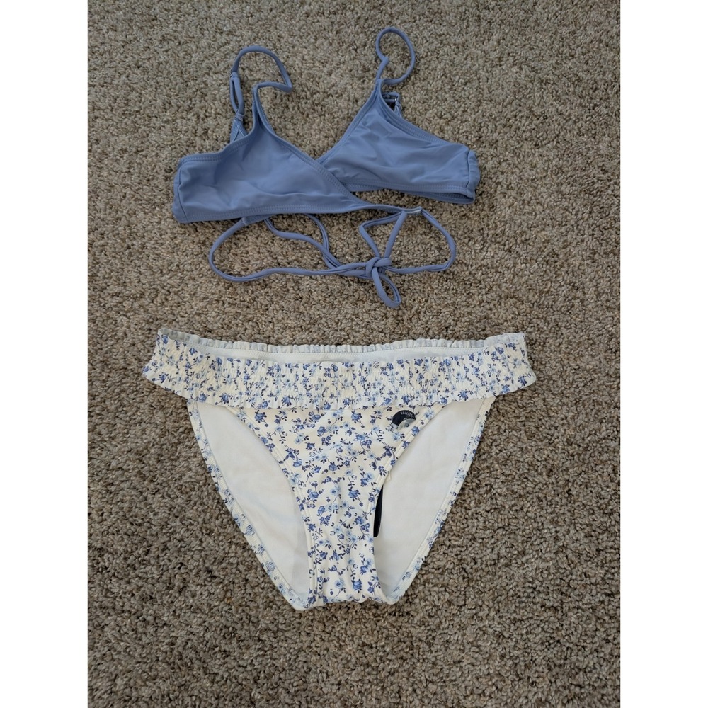 SHEIN Hollister Mixed Bikini Set Blue Wrap Top Floral Smocked Bottoms S M